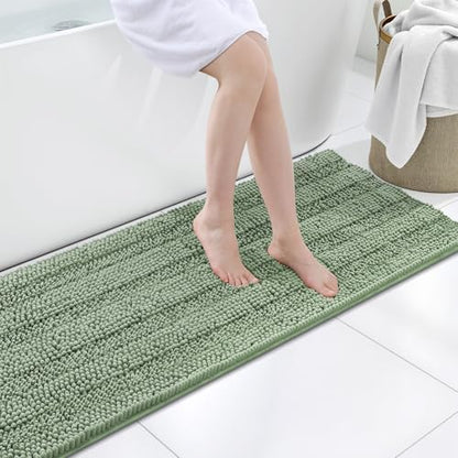 Grandaily Chenille Striped Bathroom Rugs 47x20, Extra Thick and Soft Absorbent Bath Mats, Rubber Backing, Plush Shaggy Shower Carpet, Machine Wash Dry, Bath Rug for Bathroom, Grayish Green