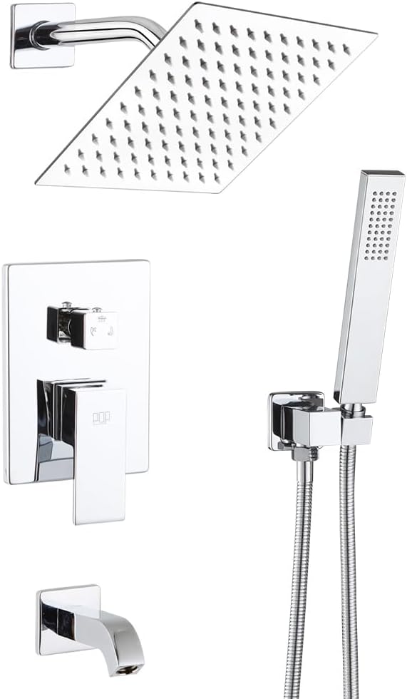 All Metal Shower Tub Faucet Set Chrome Bathroom 8 Inch Shower Head System with Tub Spout Wall Mounted Single Handle Shower Trim Kit with Rough-in Valve