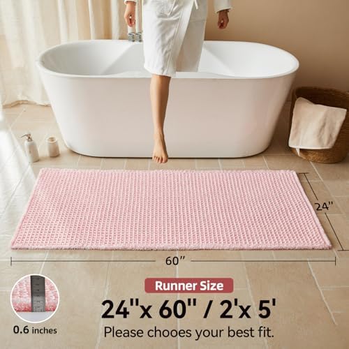 Triohero Waffle Runner Bath Mat - Long Bathroom Rugs Non Slip Washable, Ultra Soft Super Absorbent Quick Dry Boho Farmhouse Bathroom Decor, 24" x 60"', Light Peachy Pink