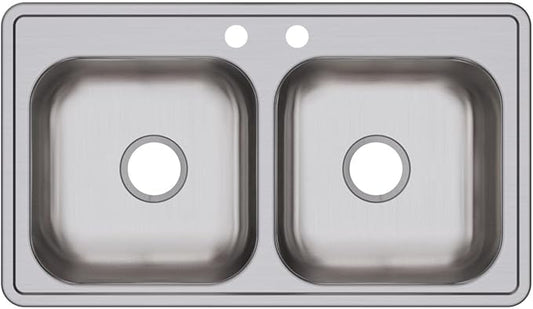 Dayton Stainless Steel 33" x 19" x 6-7/16", 2-Hole Equal Double Bowl Drop-in Sink