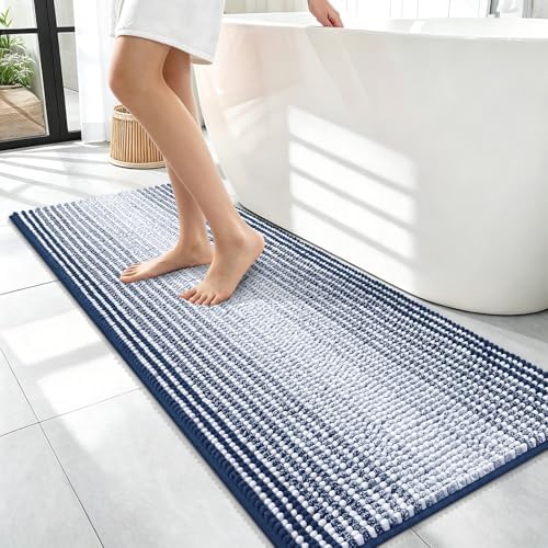 OLANLY Bathroom Runner Rugs 47x17, Soft Chenille Striped Bath Rugs, Navy