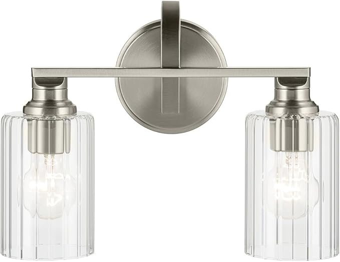 Kichler Gioe 14.25" 2-Light Vanity Light with Clear Fluted Glass in Brushed Nickel, Damp Rated, for Bathroom, Powder Room, Over a Mirror, (14.25" W x 10.5" H), 55225NIFLU