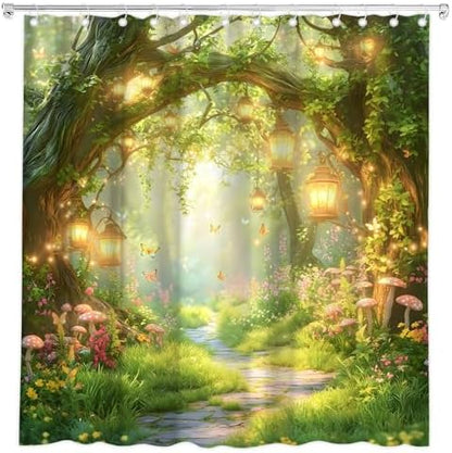Fantasy Forest Path Shower Curtain Fairy Magical Enchanted Misty Jungle Mushroom Floral Tree Butterfly Lantern Spring Wonderland Bath Curtain Fabric Bathroom Accessories Decor with Hooks 70W x80L