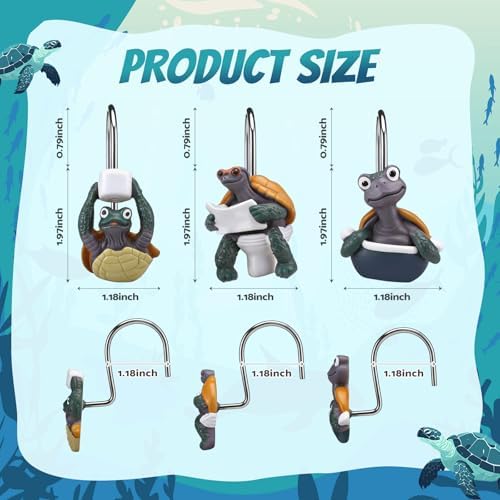 Amyhill 12 Pcs Turtle Shower Curtain Hooks Decorative Funny Turtle Shower Curtain Rings Stainless Steel Resin Sea Theme Bathroom Decor Suitable for Home Bedroom