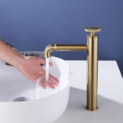 Industrial Bathroom Faucet Brass, Single Hole One Wheel Handle, Tall Deck Mounted Sink Cold and Hot Water Mixer Tap-Bright Gold(Brushed Gold)