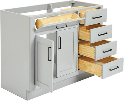 ARIEL Hepburn 42-inch Bathroom Vanity Base Cabinet,Solid Wood, 2 Soft Closing Doors, 5 Dovetail Drawers, Grey