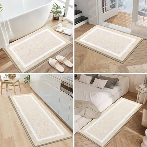 Pauwer Bathroom Rug Sets 3 Piece, Non Slip Washable Bath Mat, Light Beige