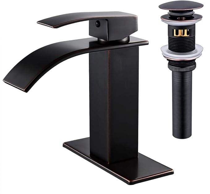 Black bathroom faucet with drain assembly on a white background