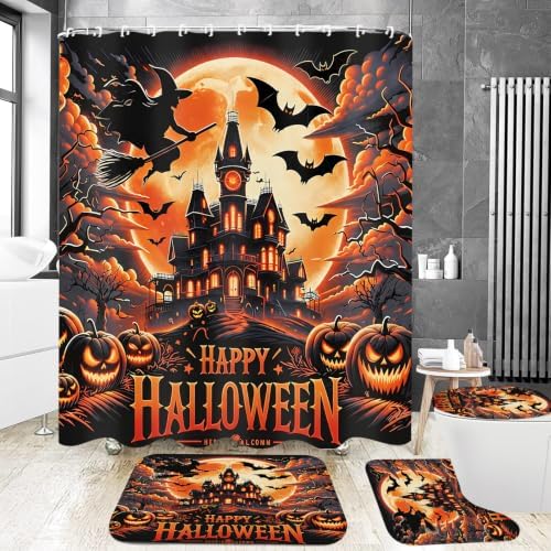 Yddsky Halloween 4Pcs Castle Shower Curtain Sets for Bathroom,72x72 Inch