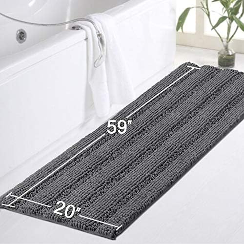 Turquoize Bathroom Runner Area Chenille Rug Oversize Non-Slip Shag Kitchen Shower Bath Mat Extra Long Grey Striped Washable for Bathroom, Gray, Size 59" x 20"