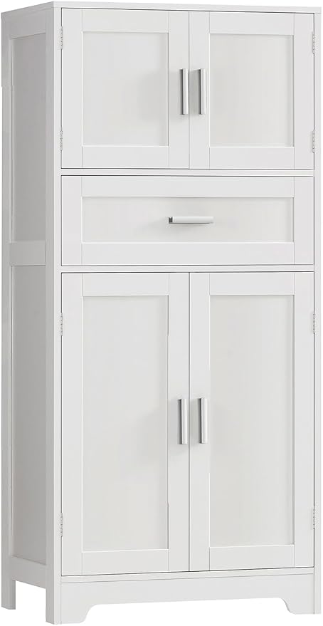 TEENFON Bathroom Storage Cabinet with Adjustable Shelf & Large Drawer | Tall Storage Cabinet with 4 Doors, Kitchen Pantry Storage Cabinets, for Living Room, Dining Room, Entryway, White