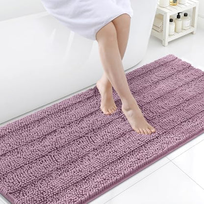 Grandaily Chenille Striped Bathroom Rugs 59x24, Extra Thick and Soft Absorbent Bath Mats, Rubber Backing, Plush Shaggy Shower Carpet, Machine Wash Dry, Bath Rug for Bathroom, Deep Plum