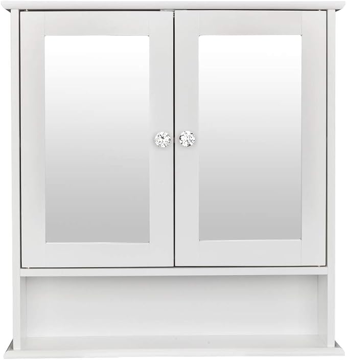 Karl home White Wall Mounted Medicine Cabinet, 2 Mirror Door Bath Storage | 22" L x 5.1" W x 22.8" H Wooden Cabinet with Adjustable Shelves and Bottom Shelf for Bathroom, Living Room, Entryway