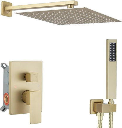Brushed Gold Shower System 12 Inches Bathroom Luxury Rain Shower Head with Handheld Combo Set Wall Mounted High Pressure Rainfall Shower Head System Shower Faucet with Valve and Trim Kit