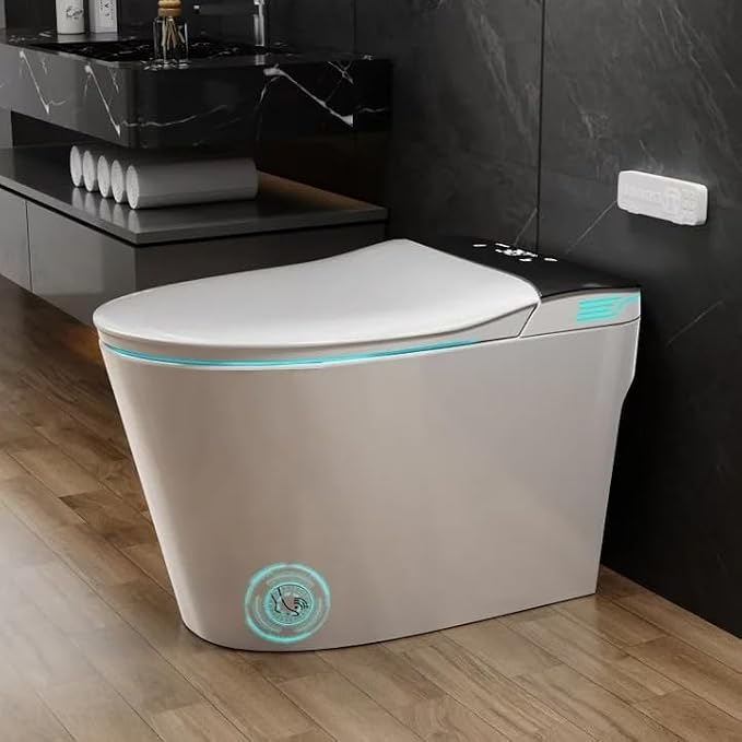 Smart Toilet with Bidet Built In ADA Height 17.7", 1.28GPF Power Flush, One Piece Bidet Toilet Design with Heated Seat, Voice Control, Remote Control, Foam Shield, Tankless Modern Toilet BSJ