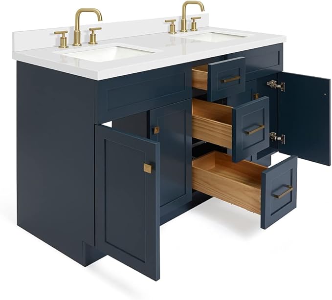 DKB Bradford 60" Midnight Blue Double Bathroom Vanity with Sink, 1.5" Pure White Quartz Countertop, Rectangular Undermount Sinks, Soft Closing Doors & Dovetail Drawers, Satin Brass