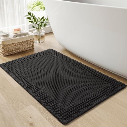 RESARE Waffle Bath Mat for Bathroom, Non Slip Bathroom Rugs 20"x32" Black