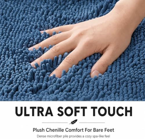 Bathroom Rugs Sets 2 Piece,Super Absorbent Soft,Thick,Machine Washable Chenille Bath Mat,Non Slip Toilet Floor Rug,Bath Mats for Bathroom,20x32 Plus 20x20 U Shape,Denim Blue