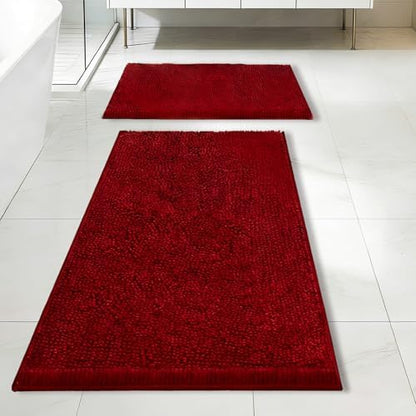 Bathroom Rugs Sets 2 Piece,Super Absorbent Soft,Thick,Machine Washable Chenille Bath Mat,Non Slip Toilet Floor Rug,Bath Mats for Bathroom,16x24 Plus 20x32 Shape,Burgundy