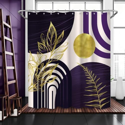 Dark Purple and Gold Shower Curtain, 72x72 in, Mid Century Modern Plum