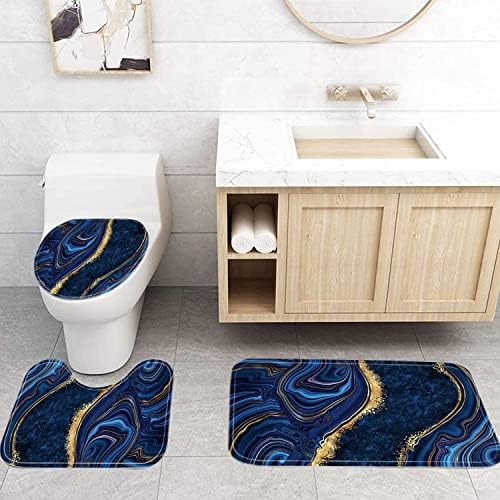 Nkzply 4Pcs Navy Blue Marble Shower Curtain Sets with Rugs Bathroom Set