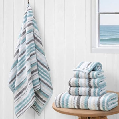 VOOVA & MOVAS Striped Towels 6 Pack, 100% Cotton, Aqua