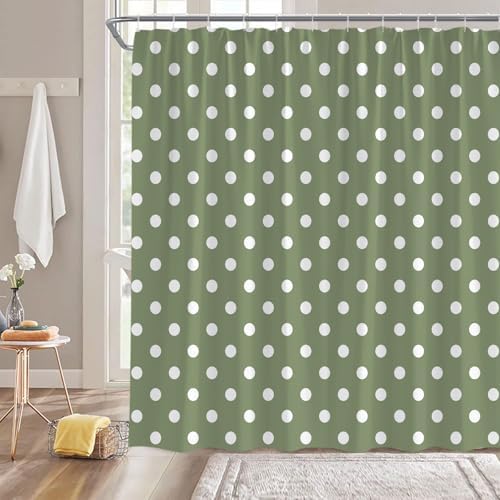 Polka Dot Shower Curtain Sage Green White Retro Spot Vintage Fabric Decorative Bathroom Curtains with Hooks,60" Wx70 H