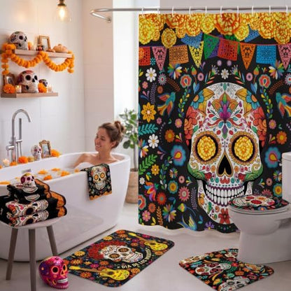 FuWeave 8 Pcs Day of the Dead Shower Curtain Set for Bathroom Decor, Mexican Sugar Skull & Floral Dia De Los Muertos Shower Curtain with Towels, Non Slip Bath Mat, Toilet Lid Cover and 12 Hooks