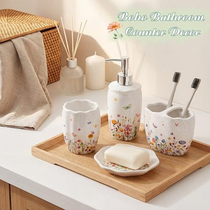 Newtay Ceramic Bathroom Accessories Set of 4, Wildflower Meadow Floral Decor with Butterflies & Gold Speckles, Soap Dispenser Pump, Toothbrush Holder, Tumbler Cup & Soap Dish for Countertop Vanity