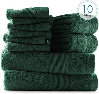 Hearth & Harbor Bath Towels for Bathroom - 100% Ring Spun Cotton Luxury Bathroom Towels - Ultra Soft & Highly Absorbent, Bath Towels Set of 10 - Hunter Green