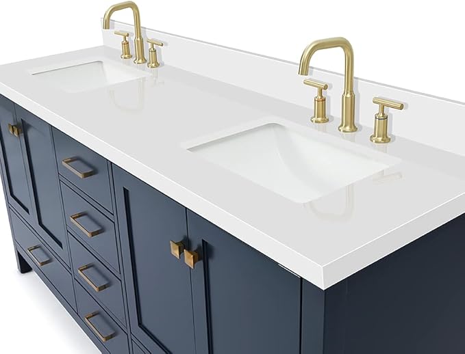 DKB Beckford 72 Inch Bathroom Vanity Double Sink — Midnight Blue Bathroom Vanity with Sink, 1.5" Edge Pure White Quartz Countertop & Backsplash, 4 Soft-Close Doors, 6 Dovetail Drawers