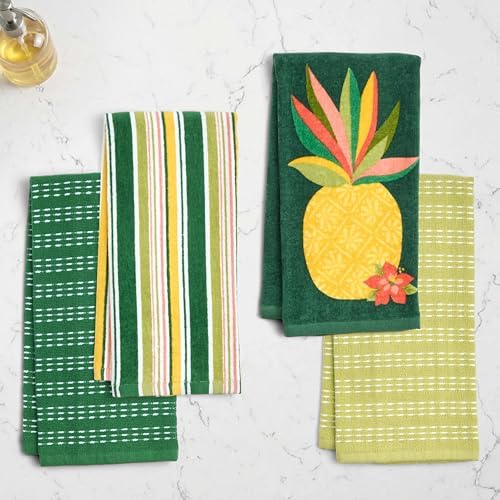 Ritz 4-Piece Kitchen Towel Set, Pineapple Hibiscus & Multi-Stripe Prints with Dark Pine & Lime Green Textured Terry, 100% Cotton & Absorbent Blend, 16" x 26", Tropical Island Kitchen Decor