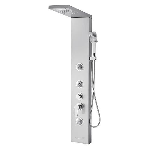 VEVOR Shower Panel Tower System with Rainfall Waterfall Shower Head, 53 in Brushed Stainless Steel Shower Column, 5-Function Faucet, Wall-Mount Rain Massage System with 3 Body Jet, Handheld, Tub Spout