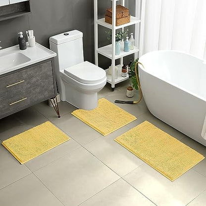 HOMEIDEAS Yellow Chenille Bathroom Rugs Set of 3, Non Slip Bath Mat