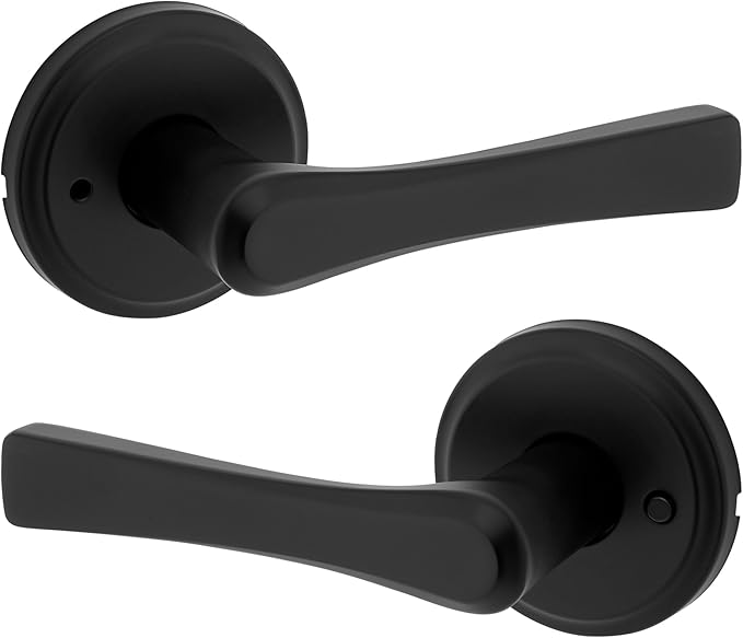 Kwikset Katella Interior Privacy Door Handle with Lock, Door Lever For Bathroom and Bedroom, Matte Black Reversible Keyless Push Button Lock Door Lever, with Microban Protection