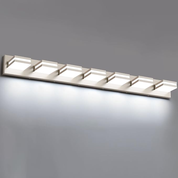 Bathroom Lights Fixtures Over Mirror, 360°Rotate Modern LED Vanity Lights for Bathroom, 56W Dimmable & High CRI Acrylic Wall Lighting, No Assembly Required (Brushed Nickel, 7-Light, 42 Inch)