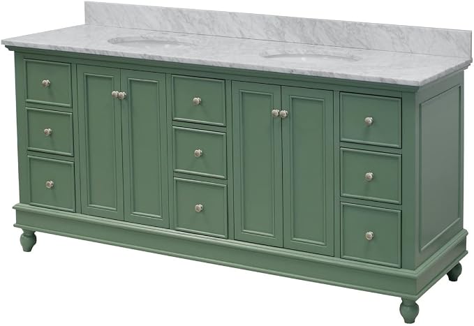 Bella 72-inch Double Bathroom Vanity (Carrara/Sage Green): Includes Sage Green Cabinet with Authentic Italian Carrara Marble Countertop and White Ceramic Sinks