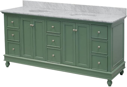 Bella 72-inch Double Bathroom Vanity (Carrara/Sage Green): Includes Sage Green Cabinet with Authentic Italian Carrara Marble Countertop and White Ceramic Sinks