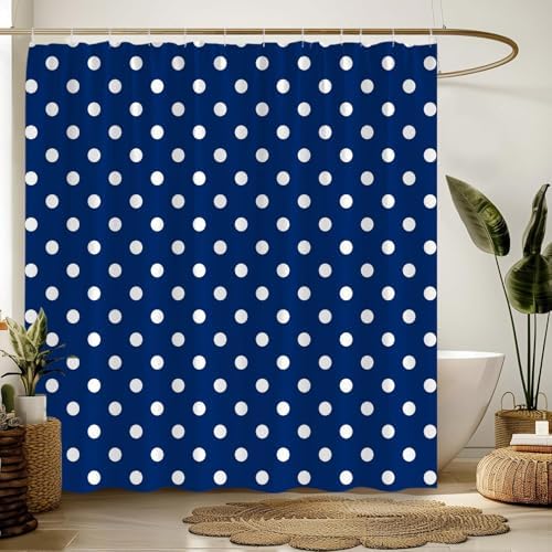 Polka Dot Shower Curtain Blue White Retro Spot Vintage Fabric Decorative Bathroom Curtains with Hooks,70" Wx84 H