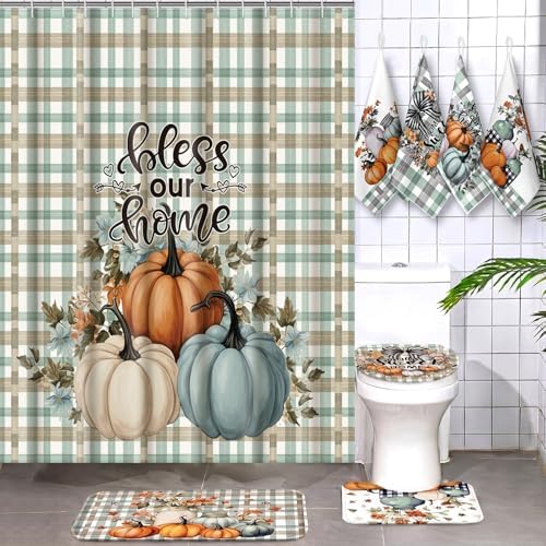 Honoson 8 Pcs Fall Pumpkin Plaid Shower Curtain Set, Bless Our Home Farmhouse Country Bath Decor with Non Slip U Mat, Rectangular Toilet Cover Towels for Autumn Thanksgiving Housewarming Decor