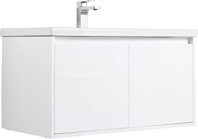 Blossom 36 Inch Wall Mounted Bathroom Vanity with Sink | Floating Wood Vanity Cabinet | Modern Soft-Close Doors & Storage | Ceramic Basin | Space-Saving Design (Glossy White, 36'' Ceramic Sink)