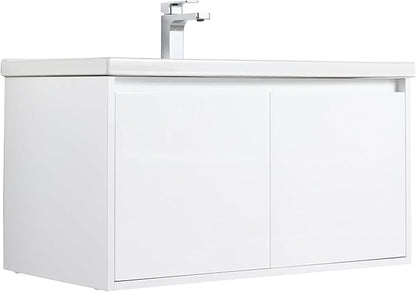 Blossom 36 Inch Wall Mounted Bathroom Vanity with Sink | Floating Wood Vanity Cabinet | Modern Soft-Close Doors & Storage | Ceramic Basin | Space-Saving Design (Glossy White, 36'' Ceramic Sink)
