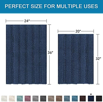H.VERSAILTEX 2 Piece Bathroom Set - Super Absorbent Chenille Striped Bath Mats and Rugs - Non-Skid, Machine Washable Floor Mats (Navy, 24 x 36 Plus 20 x 32 Inches)