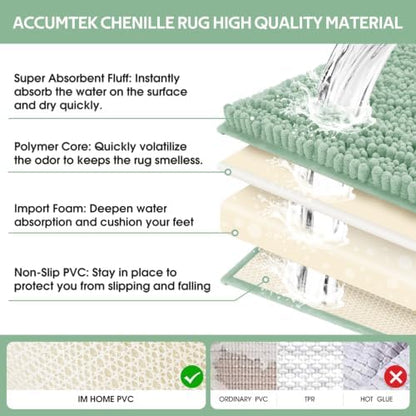 ACCUMTEK Upgrade Luxury 2 Piece Sage Green Toilet Bathroom Rug Mat 48"x20"+24"x17", Ultra Soft Thick Absorbent Bath Mats, Non Slip Chenille Toilet Mat for Bathroom, Bedroom, Kitchen, Shower, Tub