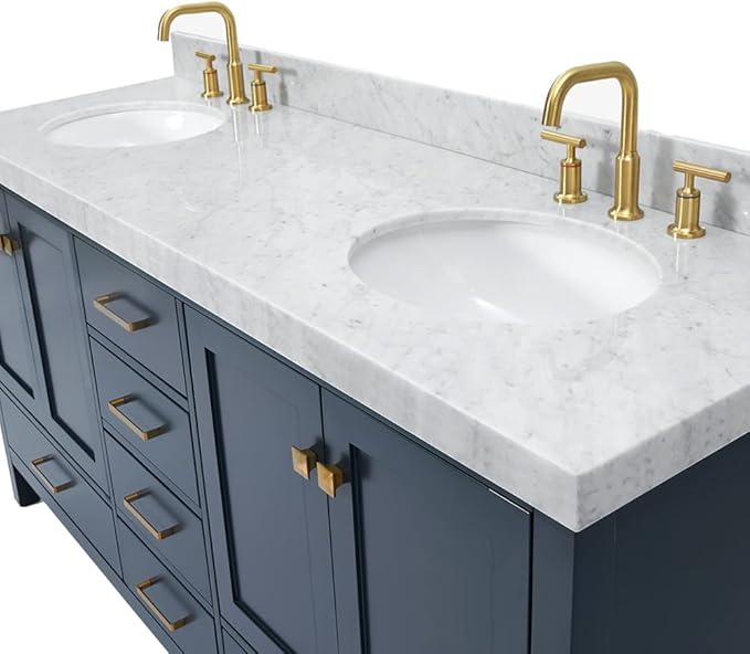 ARIEL Cambridge 72-inch Bathroom Vanity with Sink,Solid Wood, 2-inch Italian Carrara Marble Countertop, Double Oval Porcelain Sink, 4 Soft Closing Doors, 6 Dovetail Drawers, Midnight Blue