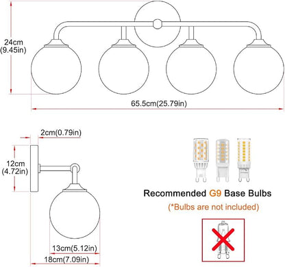 4-Lights Black Vanity Lights with Milky White Globe Glass Shade, Industrial Bathroom Wall Sconces Light over Mirror, Vanity Lighting Fixture for Bathroom Dressing Table Bedroom Living Room