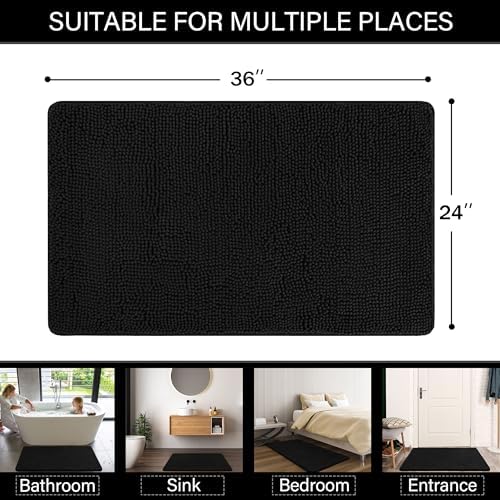 LOCHAS Luxury Bathroom Rug Shaggy Bath Mat 24 x 36 Inch, Black
