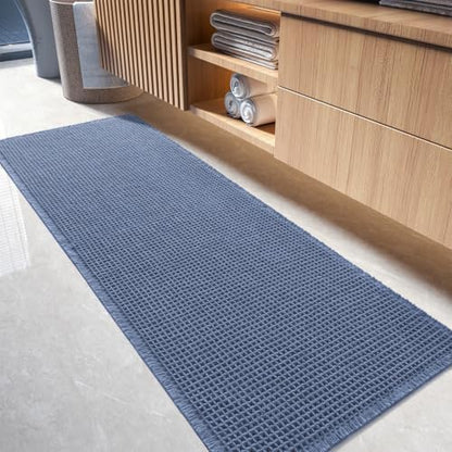 tchdio Waffle Bath Runner Rug, Super Absorbent Non Slip Bath Mats for Bathroom Machine Washable Long Rugs with Tassels, Bath Rugs for Bathroom Floor Beside Tub, 2' x 5'(24" x 60"), Blue