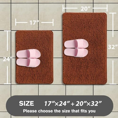 Rust Bathroom Rugs Sets 2 Piece – Absorbent and Washable Bath Mat, Non-Slip, Thick Soft Chenille Bath Rugs for Bathroom Floor, Shower, Sink - 17" x 24"+20" x 32"