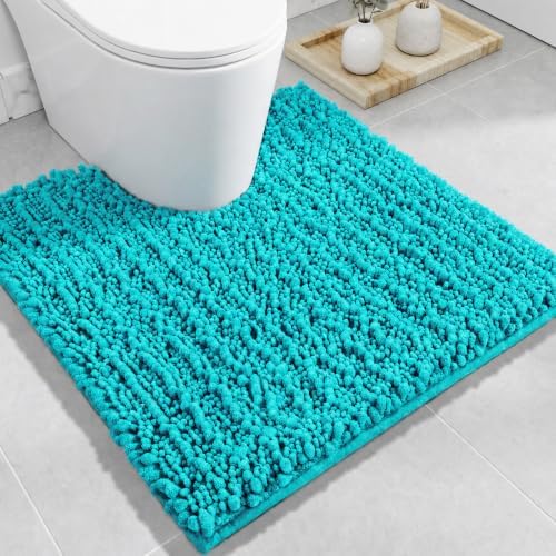 Disolla Toilet Rug 24x24 Inch - Teal U-Shaped Bathroom Floor Mat, Soft Shaggy Plush Absorbent Chenille Contour Rug, Non-Slip Washable Pedestal Base Rug